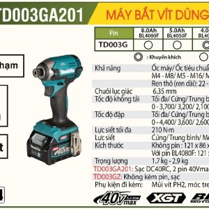 Máy vặn vít dùng pin Makita TD003GA201 (40V Max)(kèm 2 pin, 1 sạc)
