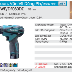 Máy Khoan vặn vít dùng pin Makita DF030DZ (không kèm pin sạc)