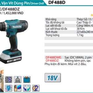 Máy Khoan vặn vít dùng pin Makita DF488DWAE (Sạc (DC18WA), 2 pin 2.0Ah (BL1820G))