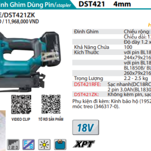 Máy bắn ghim dùng pin Makita DST421ZK (Không kèm pin, sạc)