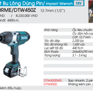 Máy siết bu lông dùng pin Makita DTW450Z (không kèm pin sạc)