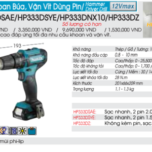 Máy khoan búa, vặn vít dùng pin Makita HP333DWYB (12V) (bản giới hạn - màu đen) (kèm 01 pin + 1 sạc)
