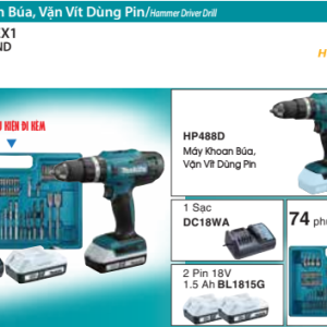 Máy Khoan vặn vít dùng pin Makita HP488DYEX1 (kèm bộ phụ kiện 74 món)