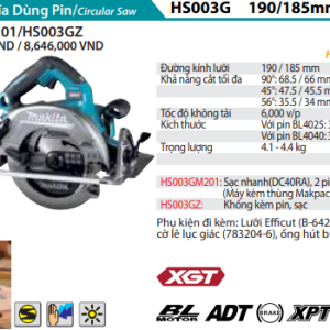 Máy Cưa Đĩa Dùng Pin Makita HS003GM201 (190mm) (Sạc nhanh(DC40RA), 2 pin 4.0Ah(BL4040))