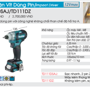 Máy vặn vít dùng pin Makita TD111DZ (Thân máy) (không kèm pin sạc) (không kèm pin sạc)