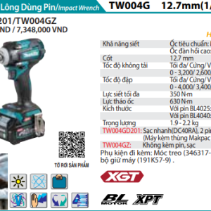 Máy siết bu lông dùng pin Makita TW004GD201 (Sạc nhanh(DC40RA), 2 pin 2.5Ah(BL4025))