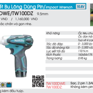 Máy siết bu lông dùng pin Makita TW100DZ (không kèm pin sạc)