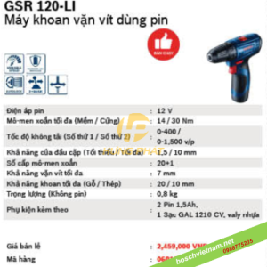Máy khoan vặn vít Bosch GSR 120-LI GEN II (1 pin + phụ kiện)