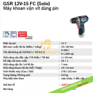 Máy khoan, bắt vít dùng pin Bosch GSR 12V-15 FC (Chưa kèm Pin & Sạc)